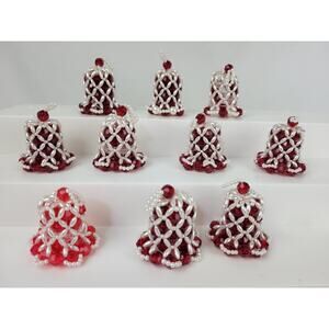 10 VTG Handmade 2" Beaded Mesh Christmas Bell Ornaments Red & White